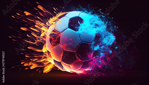 illustration of a soccer ball which explodes in rainbow colors against black background. Football.