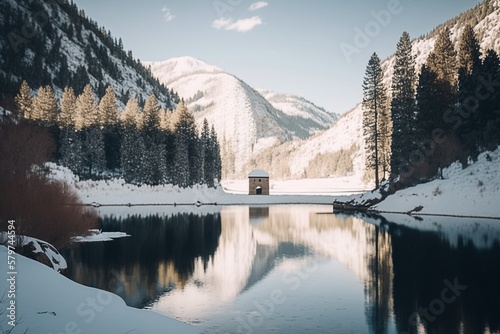 Scenic View of Tibble Fork Reservoir with Snow Capped Mountains in the Background, AI generated