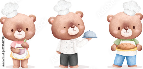 Watercolor Illustration set of cute chef teddy bear © Stella