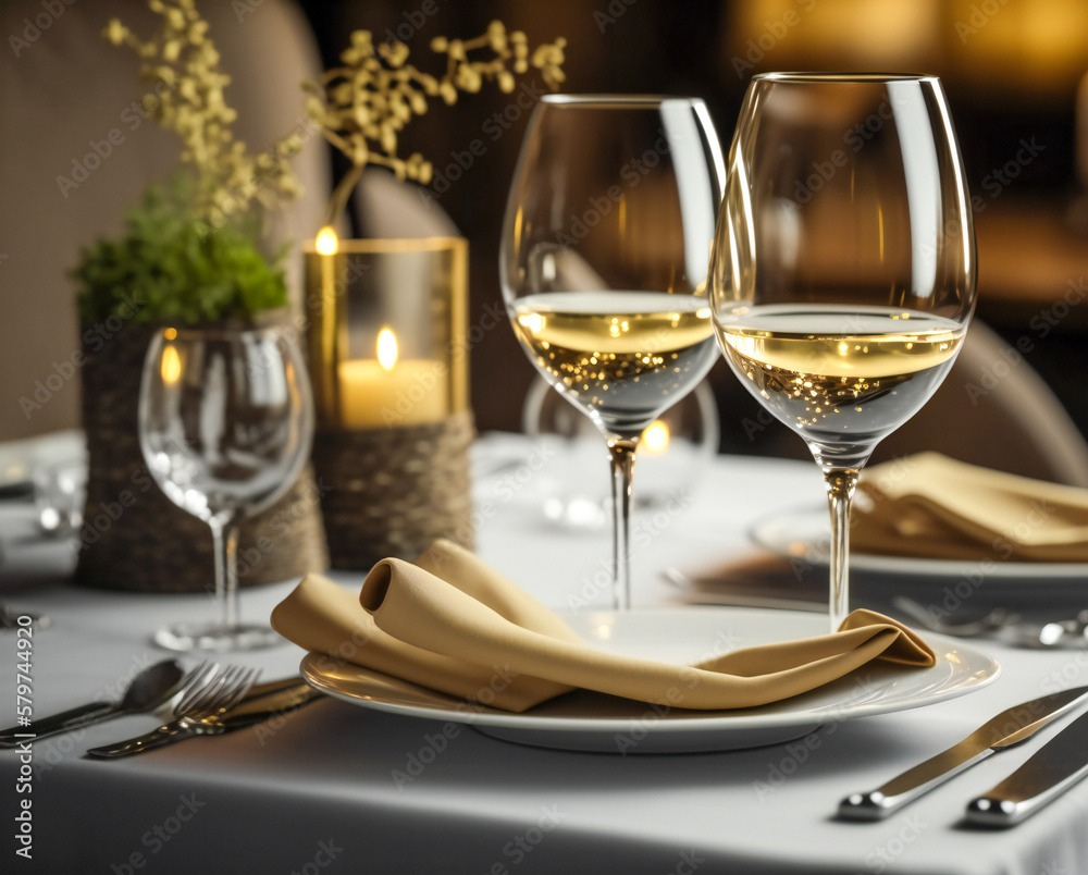 Close up of a dinning table setup in a restaurant. Created with Generative AI technology. Close up of a dinning table setup in a restaurant. Created with Generative AI technology.