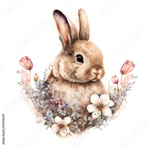 A cute rabbit in a flowers. Dgital art image. Happy easter greeting card. Generative ai photo