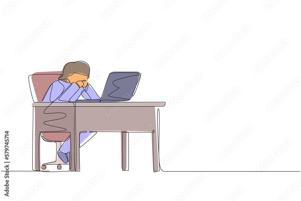 Continuous one line drawing pensive businesswoman working at laptop. Frustrated female in doubt with hand on chin gesture. Work at home office. Remote job, workplace. Single line draw design vector Continuous one line drawing pensive businesswoman working at laptop. Frustrated female in doubt with hand on chin gesture. Work at home office. Remote job, workplace. Single line draw design vector