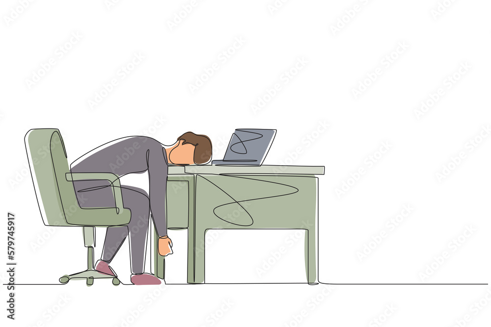 Continuous one line drawing professional burnout syndrome. Exhausted sick tired male manager in office sad boring sitting with head down on laptop. Single line draw design vector graphic illustration Continuous one line drawing professional burnout syndrome. Exhausted sick tired male manager in office sad boring sitting with head down on laptop. Single line draw design vector graphic illustration