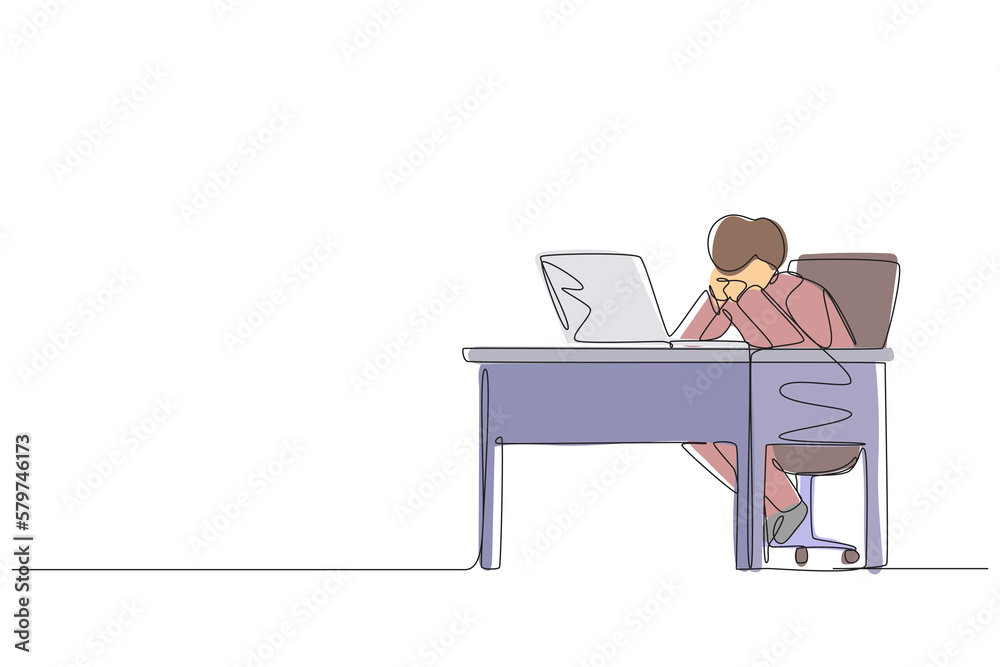 Single one line drawing pensive businessman working at laptop. Frustrated male in doubt with hand on chin gesture. Work at home office. Remote job, workplace. Continuous line design graphic vector Single one line drawing pensive businessman working at laptop. Frustrated male in doubt with hand on chin gesture. Work at home office. Remote job, workplace. Continuous line design graphic vector