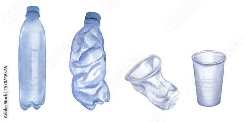 Banner with plastic trash. Disposable blue transparent bottles and cups. Hand-drawn watercolor illustration isolated on white background. Ecology