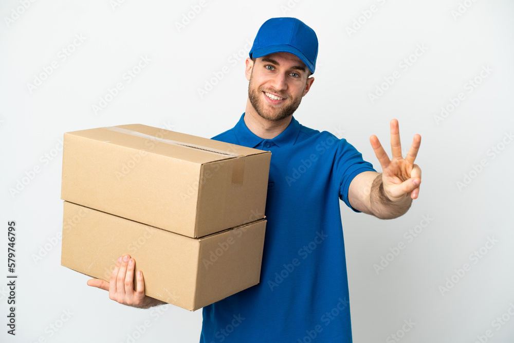 Delivery man over isolated white background happy and counting three with fingers Delivery man over isolated white background happy and counting three with fingers