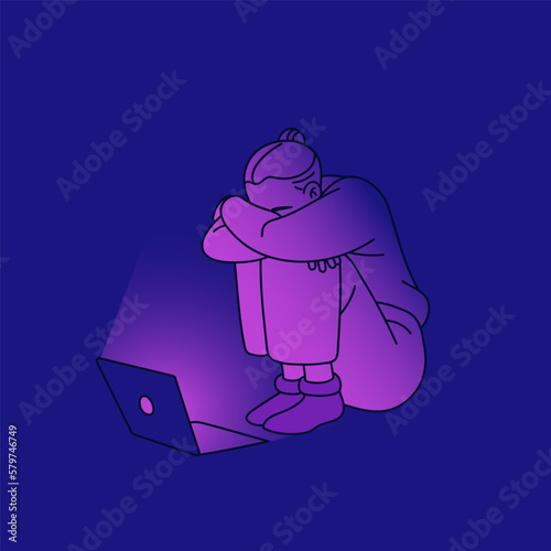 Sad depressed upset character in despair, depression at laptop computer. Unhappy desperate anguish crying woman feeling sadness. Psychology problem, depression concept. Flat vector illustration