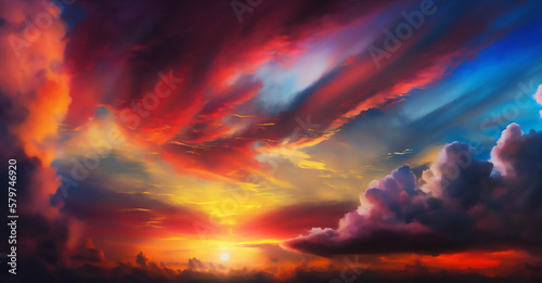 dramatic beautiful sunrise sky with vibrant colors. digital art illustration. Generative AI © Hatia