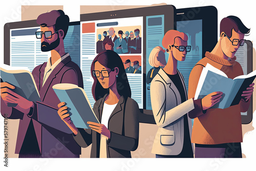 People are reading news paper and standing with friends, illustration.