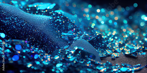 Blue crystals and glitter on blue background made with generative AI