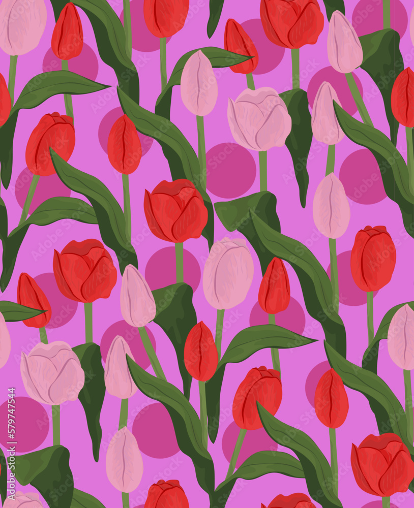 Seamless vector floral pattern with pink and red tulips on vibrant pink background. Tulips tropical background. Seamless vector floral pattern with pink and red tulips on vibrant pink background. Tulips tropical background.
