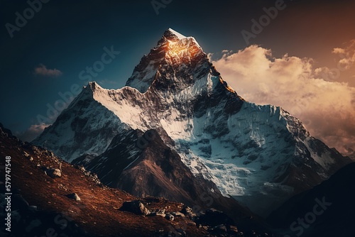 Majestic Mount Everest at Sunset, Captivating Views of the World's Highest Peak, AI generated