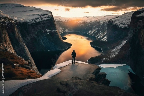 Breathtaking View of Trolltunga, Norway at Sunset: Hiker Standing in Awe Over the Vast Scenery, AI generated photo