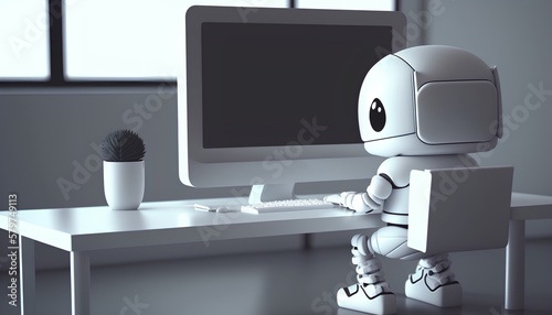 A white AI robot assistant mascot working in front of blank computer screen. White office in the background. Computer screen mockup with blank empty space. Generative AI photo