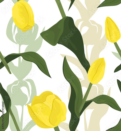 Seamless vector pattern with yellow tulip flowers on florals background. Spring flowers fabric textile.