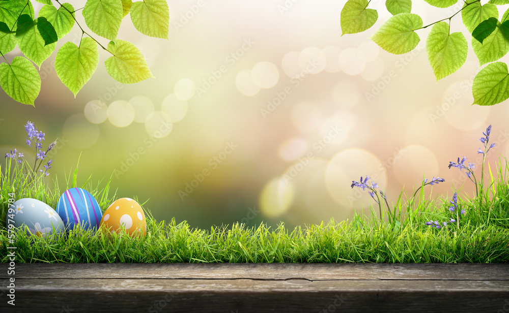 Three painted easter eggs celebrating a Happy Easter on a spring day with a grass meadow, bright warm sunlight, tree leaves and a background with copy space and a wooden bench to display products.