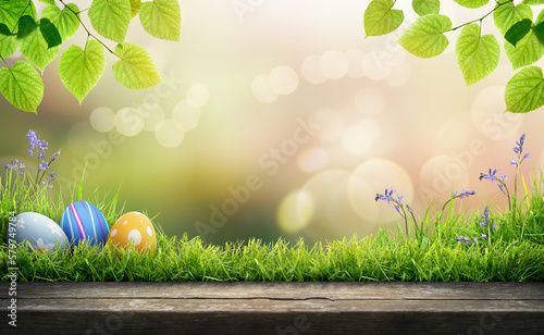 Obraz na płótnie Three painted easter eggs celebrating a Happy Easter on a spring day with a grass meadow, bright warm sunlight, tree leaves and a background with copy space and a wooden bench to display products. w salonie