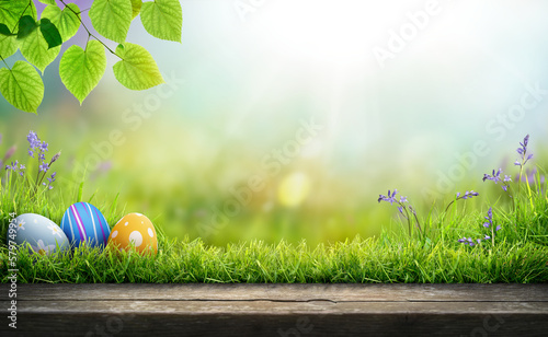 Print op canvas Three painted easter eggs celebrating a Happy Easter on a spring day with a green grass meadow, bright sunlight, tree leaves and a background with copy space and a wooden bench to display products
