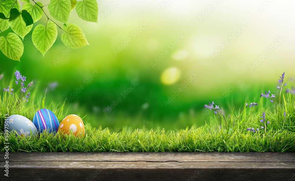 Three painted easter eggs celebrating a Happy Easter on a spring day with a green grass meadow, tree leaves and a background with copy space and a rustic wooden bench to display products.