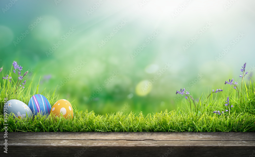 Three painted easter eggs celebrating a Happy Easter on a spring day with a green grass meadow, bright sunlight and a background with copy space and a rustic wooden bench to display products.