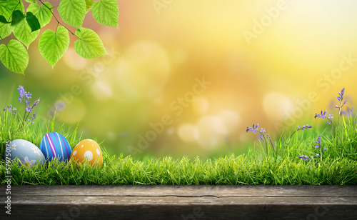 Photography Three painted easter eggs celebrating a Happy Easter on a spring day with a grass meadow, warm sunlight tree leaves and a background with copy space and a rustic wooden bench to display products