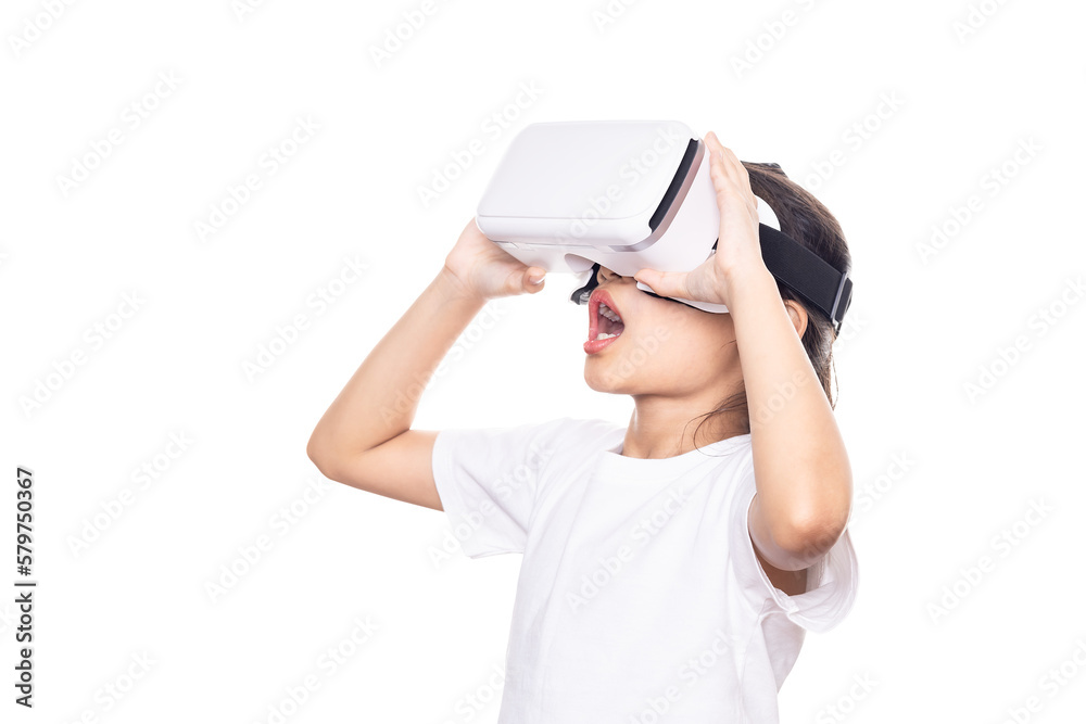 Kid using virtual reality headset, surprised child looking in VR glasses. Kid using virtual reality headset, surprised child looking in VR glasses.