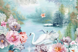Watercolor various flowers, roses and peonies landscape