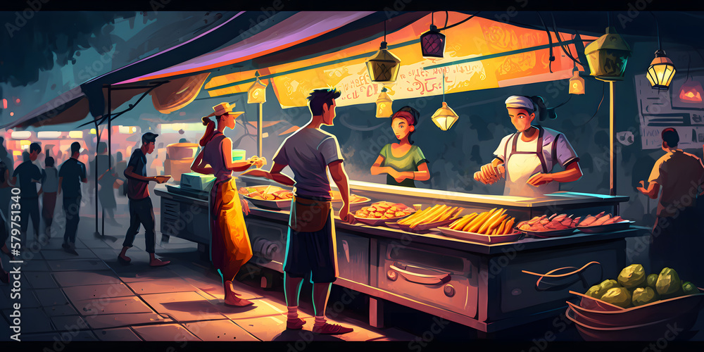Capture vibrant, bustling energy of street food market with colorful and dynamic illustration. variety of food vendors and customers, each with their own unique style and personality. Generative AI.