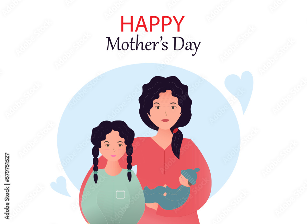 Mother together with their children, daughter, baby of different ages, motherhood, parenthood, childhood, Mother's Day card, happy family concept., flat vector illustration. Mother together with their children, daughter, baby of different ages, motherhood, parenthood, childhood, Mother's Day card, happy family concept., flat vector illustration.