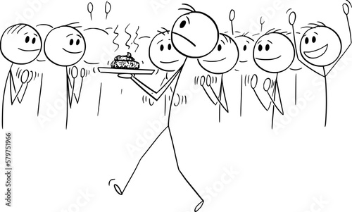 Waiter Serving Excrement or Feces , Vector Cartoon Stick Figure Illustration