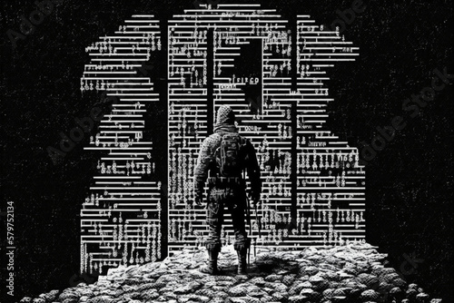 a man standing on the edeg of the clif ascii style Generative AI photo