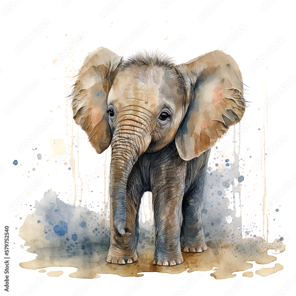 Baby elephant, adorable young elephant , colors splashes, isolated on white, 