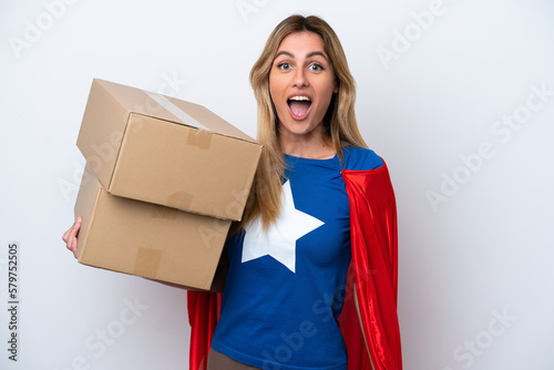 Super Hero delivery woman isolated on white background with surprise facial expression