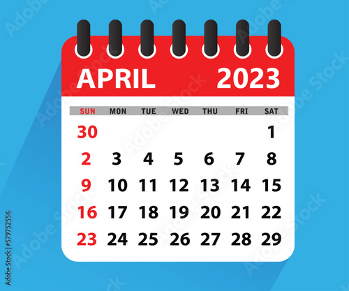 April 2023 Calendar Leaf. Calendar 2023 in flat style. April 2023 Calendar. Wall Desk Calendar Vector Template, Simple Minimal Design. Vector illustration