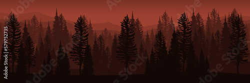 pine tree silhouette flat design vector banner template good for web banner, ads banner, tourism banner, wallpaper, background template, and adventure design backdrop