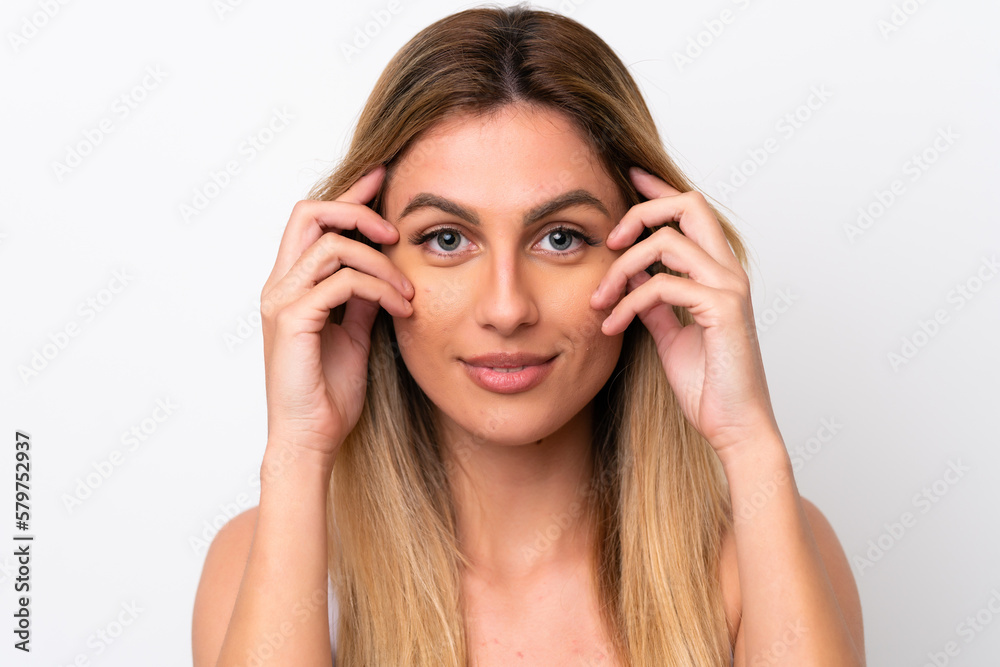 Young Uruguayan woman isolated on white background . Portrait Young Uruguayan woman isolated on white background . Portrait