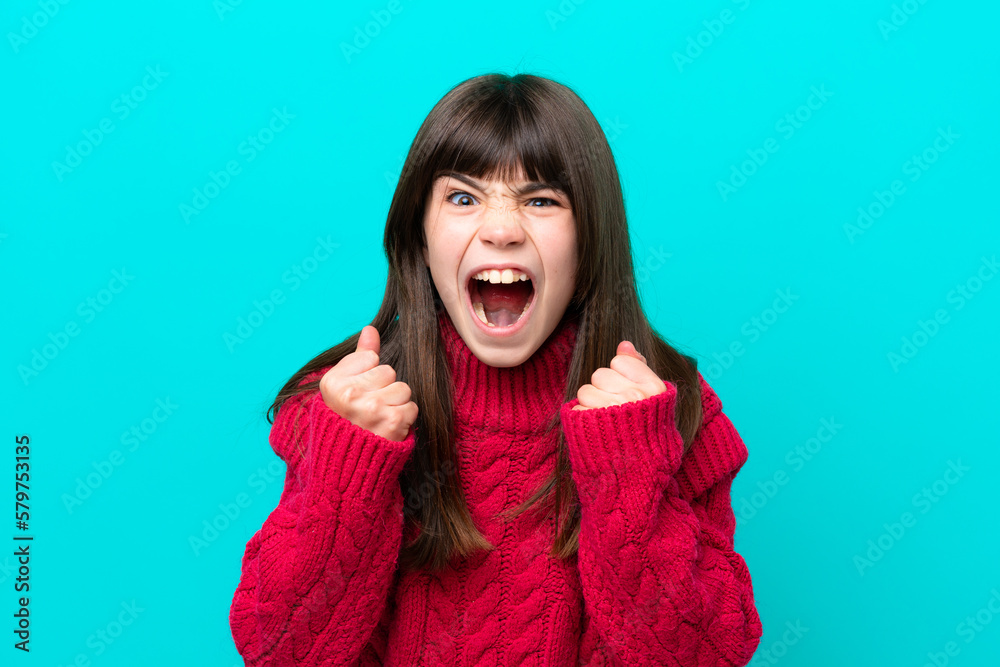 Little caucasian girl isolated on blue background frustrated by a bad situation Little caucasian girl isolated on blue background frustrated by a bad situation