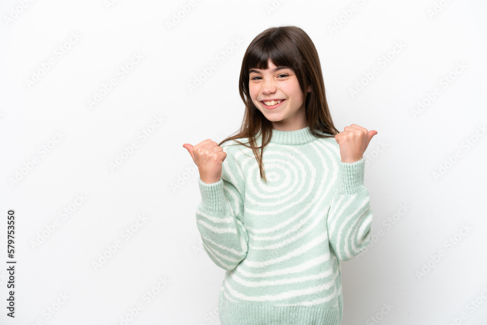 Little caucasian girl isolated on white background with thumbs up gesture and smiling Little caucasian girl isolated on white background with thumbs up gesture and smiling