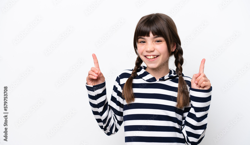 Little caucasian girl isolated on white background pointing up a great idea Little caucasian girl isolated on white background pointing up a great idea