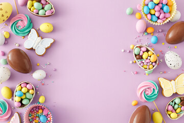 Sweets easter idea. Top view photo of chocolate eggs сolorful dragees gingerbread sprinkles and meringue lollipops on isolated violet background with empty space in the middle