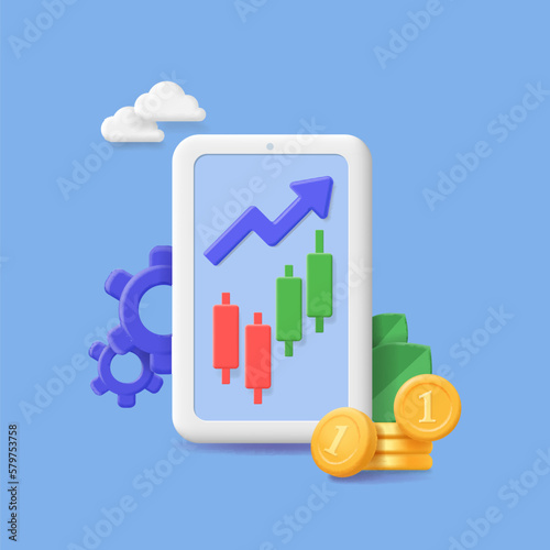 3D trading system online with smartphone concept, Mobile investment graph, money coin. Fiat and crypto trading vector