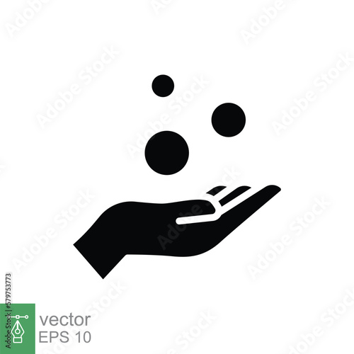 Money on hand, obtain glyph icon concept. Simple solid style hand and coins for web template and app. Black silhouette symbol. Vector illustration isolated on white background. EPS 10.