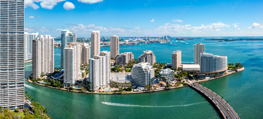 Fototapeta premium Aerial panorama of Brickell Key in Miami, Florida. Brickell Key (also called Claughton Island) is a man-made island off the mainland Brickell neighborhood of Miami, Florida.