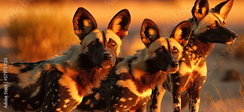 African wild dogs - playful and social predators on the hunt- Generative AI photo