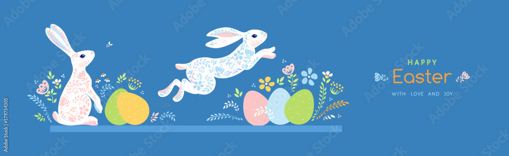 Happy Easter greeting horizontal banner with cute white bunny, flowers, eggs. Pastel spring season colors. Flat modern style vector illustration. Template for posters, flyers, cards, covers, decor Happy Easter greeting horizontal banner with cute white bunny, flowers, eggs. Pastel spring season colors. Flat modern style vector illustration. Template for posters, flyers, cards, covers, decor