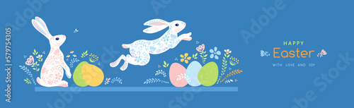 Happy Easter greeting horizontal banner with cute white bunny, flowers, eggs. Pastel spring season colors. Flat modern style vector illustration. Template for posters, flyers, cards, covers, decor