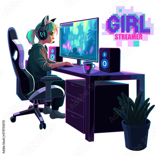 Girl gamer or streamer with a headset sits in front of a computer