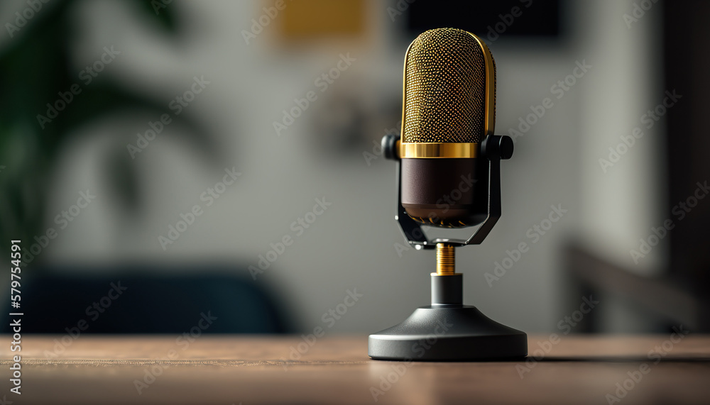 Close up microphone and blurred podcasting studio indoor background. Broadcasting concept. AI generative image. Close up microphone and blurred podcasting studio indoor background. Broadcasting concept. AI generative image.