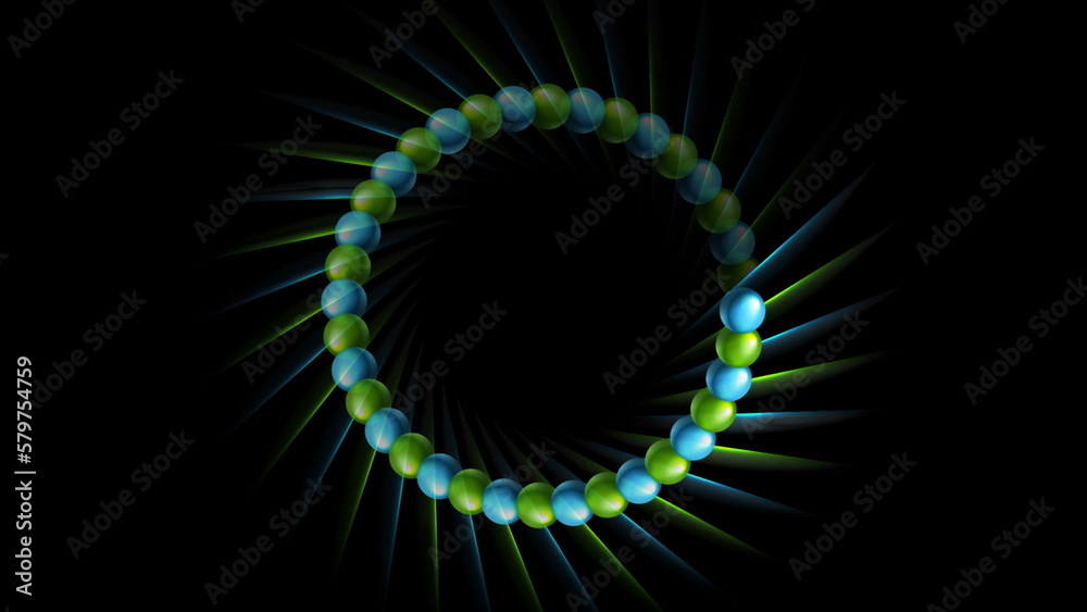 Round design with glossy spheres and glowing rays Round design with glossy spheres and glowing rays