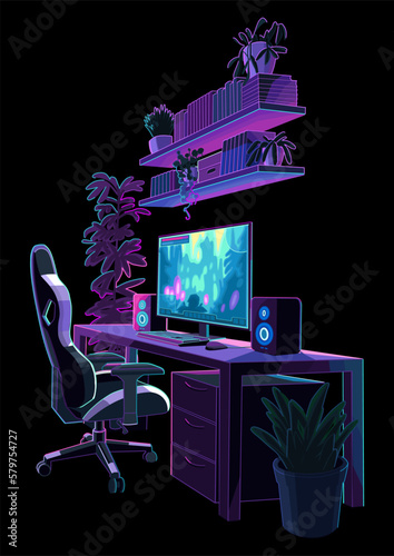 Computer set on a table with gaming chair and book shelves above
